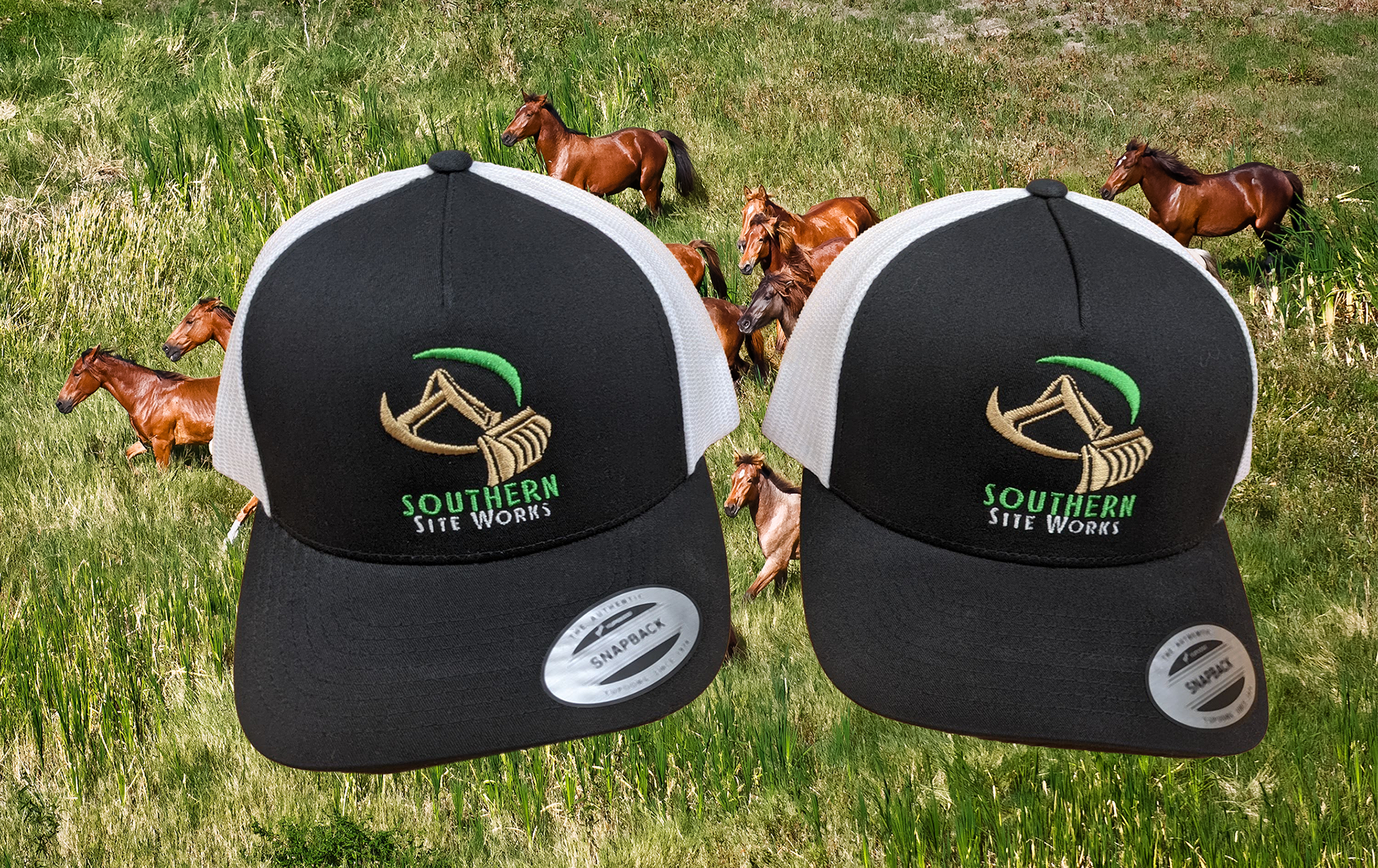 Pair of black equestrian caps with green and gold embroidery