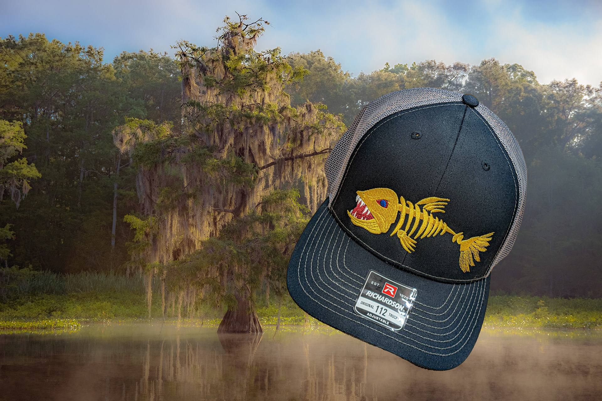 Dark cap with colorful embroidered fish