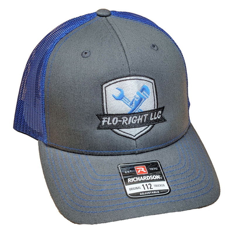 Gray and blue trucker cap embroidered with the Flo-Rite LLC plumbing logo