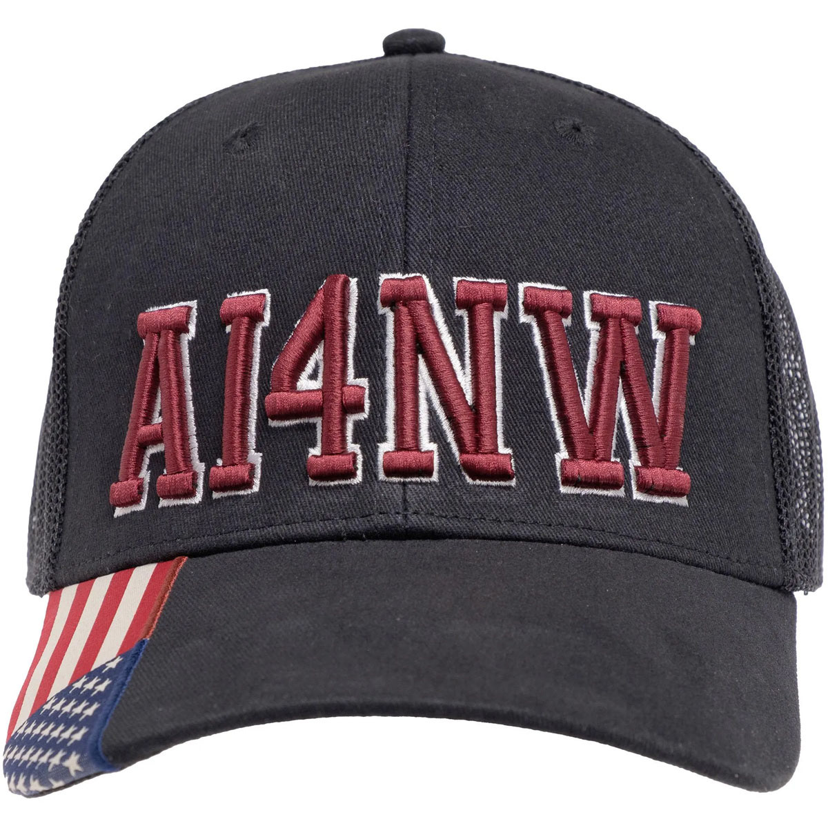 Black mesh ham radio cap with raised AI4NW embroidery