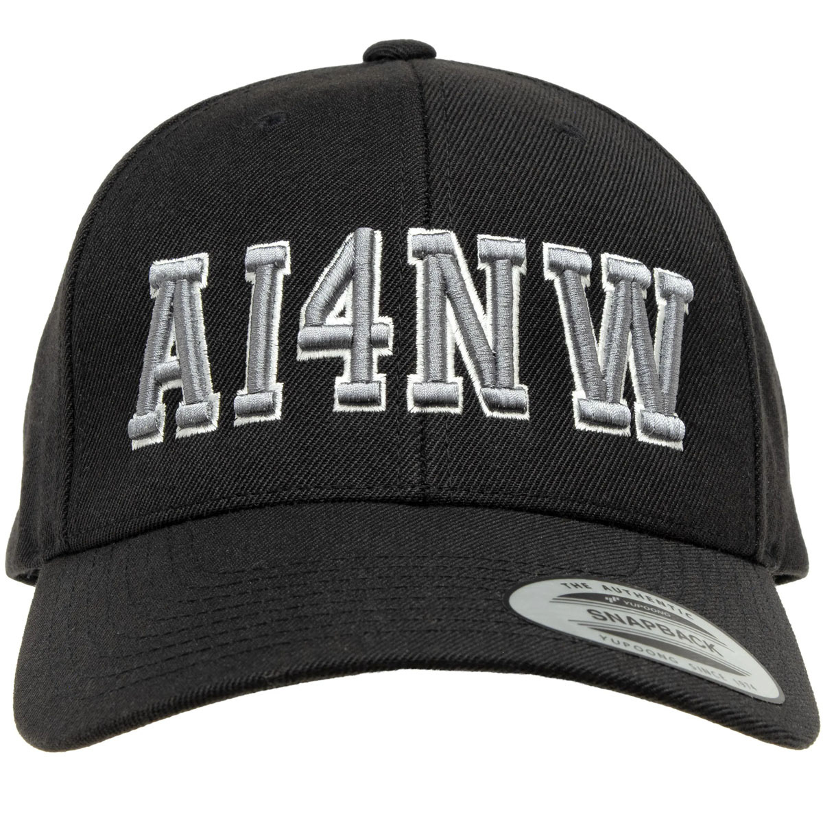 Black snapback cap with silver raised AI4NW embroidery
