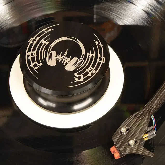 Music Lover engraved record weight with headphones and music notes