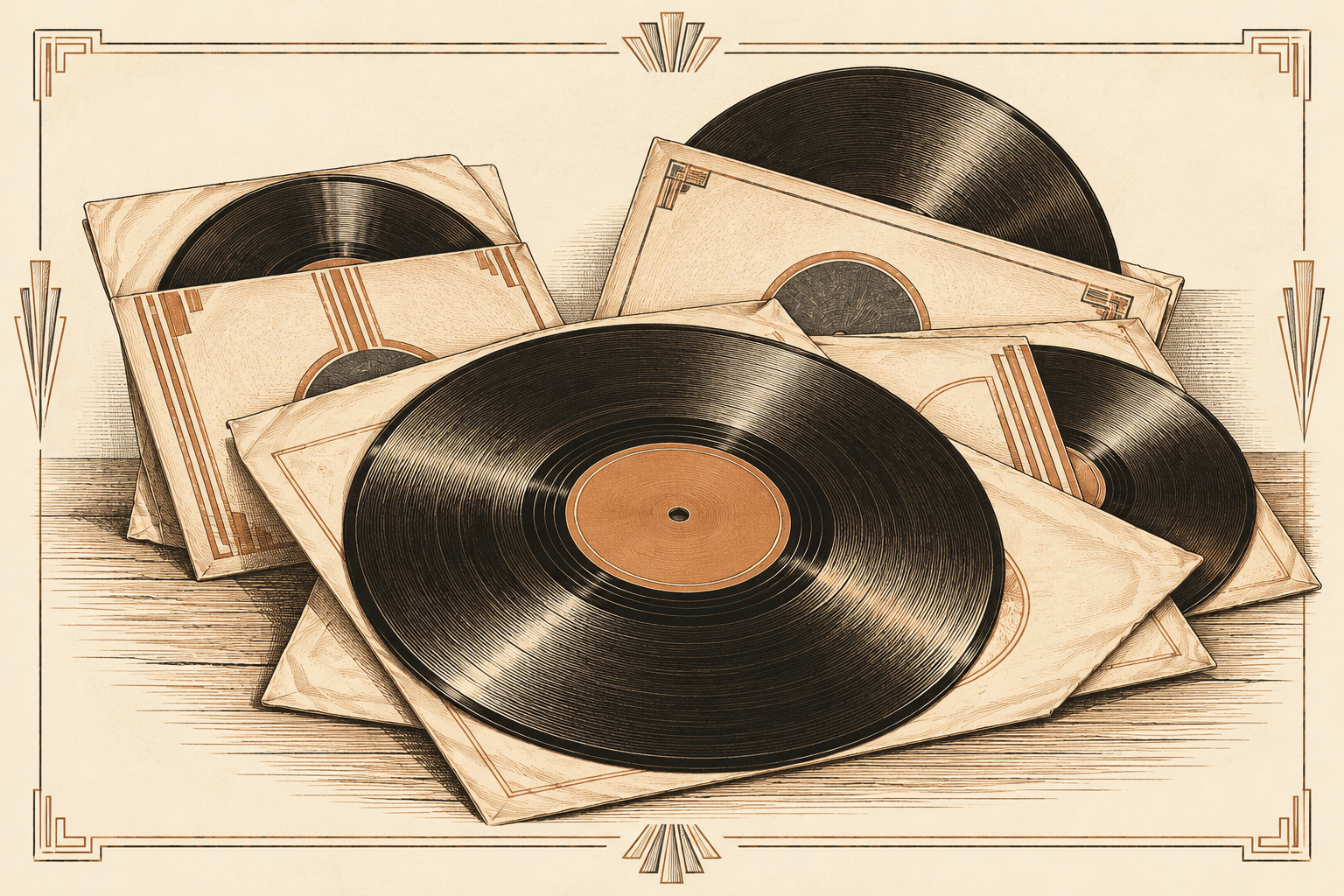 Ink illustration of shellac 78 RPM records and period paper sleeves